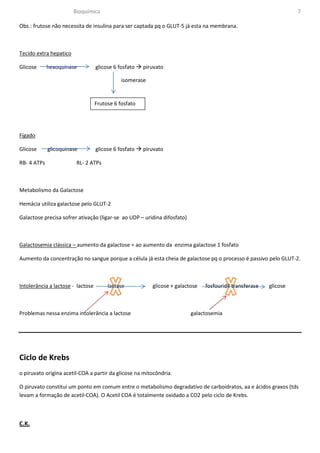 Bioquímica                                                                                  7

Obs.: frutose não necessita de insulina para ser captada pq o GLUT-5 já esta na membrana.



Tecido extra hepatico

Glicose      hexoquinase           glicose 6 fosfato   piruvato

                                              isomerase


                                   Frutose 6 fosfato




Fígado

Glicose      glicoquinase          glicose 6 fosfato   piruvato

RB- 4 ATPs               RL- 2 ATPs



Metabolismo da Galactose

Hemácia utiliza galactose pelo GLUT-2

Galactose precisa sofrer ativação (ligar-se ao UDP – uridina difosfato)



Galactosemia clássica – aumento da galactose = ao aumento da enzima galactose 1 fosfato

Aumento da concentração no sangue porque a célula já esta cheia de galactose pq o processo é passivo pelo GLUT-2.



Intolerância a lactose - lactose        lactase           glicose + galactose   fosfouridil transferase   glicose



Problemas nessa enzima intolerância a lactose                             galactosemia




Ciclo de Krebs
o piruvato origina acetil-COA a partir da glicose na mitocôndria.

O piruvato constitui um ponto em comum entre o metabolismo degradativo de carboidratos, aa e ácidos graxos (tds
levam a formação de acetil-COA). O Acetil COA é totalmente oxidado a CO2 pelo ciclo de Krebs.



C.K.
 