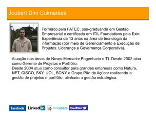 Joubert Dini Guimarães
Formado pela FATEC, pós-graduando em Gestão
Empresarial e certificado em ITIL Foundations pela Exin.
Experiência de 13 anos na área de tecnologia da
informação (por meio de Gerenciamento e Execução de
Projetos, Liderança e Governança Corporativa).
Atuação nas áreas de Novos Mercador,Engenharia e TI. Desde 2002 atua
como Gerente de Projetos e Portfólio.
Desde 2004 atua como consultor para grandes empresas como Natura,
NET, CISCO, SKY. UOL, SONY e Grupo Pão de Açúcar realizando a
gestão de projetos e portfólio, alinhado a gestão estratégica.
 