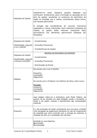 Resumão deContabilidadePública 4 Prof.FabioFurtado
Despesas de Capital
classificam-se nesta categoria aquelas despesas que
contribuem, diretamente, para a formação ou aquisição de um
bem de capital, resultando no acréscimo do patrimônio do
órgão ou entidade que a realiza, aumentando, dessa forma,
sua riqueza patrimonial.
À exceção das transferências de recursos financeiros
repassados a outras instituições, para realizarem Despesas de
Capital, os gastos desta natureza constituem fatos
permutativos nos elementos patrimoniais (Despesa por
Mutações).
Despesas de Capital
Classificação, segundo
a Lei 4.320/64
- Investimentos
- Inversões Financeiras
- Transferências de Capital
Despesas de Capital
Classificação, segundo
a Portaria 163/2001
GRUPOS DE NATUREZA DE DESPESA
- Investimentos
- Inversões Financeiras
- Amortização da Dívida
Estágios
De acordo com a Lei 4.320/64:
Empenho;
Liquidação;
Pagamento.
De acordo com o Professor Lino Martins da Silva, entre ouros:
Fixação;
Empenho;
Liquidação;
Pagamento.
Fixação
esse estágio refere-se à estimativa, pelo Poder Público, de
quanto irá ser alocado em cada dotação, sendo o montante o
limite a ser gasto, visando o atendimento das necessidades
coletivas.
Empenho
é o ato emanado de poder competente que cria para o Estado
uma obrigação de pagamento pendente ou não de implemento
de condição que será cumprido com a entrega do material, a
medição da obra ou a prestação dos serviços.
Licitação ou sua dispensa;
Autorização
Formalização
 