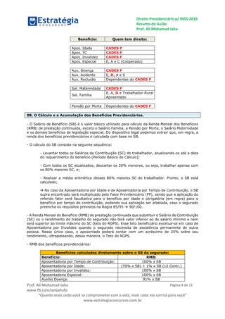 Direito Previdenciário p/ INSS-2016
Resumo do Aulão
Prof. Ali Mohamad Jaha
Prof. Ali Mohamad Jaha
www.fb.com/amjahafp
“Quanto mais cedo você se comprometer com a vida, mais cedo ela sorrirá para você”
www.estrategiaconcursos.com.br
Página 8 de 11
Benefício: Quem tem direito:
Apos. Idade CADES F
Apos. TC CADES F
Apos. Invalidez CADES F
Apos. Especial E, A e C (Cooperado)
Aux. Doença CADES F
Aux. Acidente E, D, A e S
Aux. Reclusão Dependentes do CADES F
Sal. Maternidade CADES F
Sal. Família
E, A, D e Trabalhador Rural
Aposentado
Pensão por Morte Dependentes do CADES F
08. O Cálculo e a Acumulação dos Benefícios Previdenciários.
- O Salário de Benefício (SB) é o valor básico utilizado para cálculo da Renda Mensal dos Benefícios
(RMB) de prestação continuada, exceto o Salário Família, a Pensão por Morte, o Salário Maternidade
e os demais benefícios de legislação especial. Do dispositivo legal podemos extrair que, em regra, a
renda dos benefícios previdenciários é calculada com base no SB.
- O cálculo do SB consiste na seguinte sequência:
- Levantar todos os Salários de Contribuição (SC) do trabalhador, atualizando-os até a data
do requerimento do benefício (Período Básico de Cálculo);
- Com todos os SC atualizados, descartar os 20% menores, ou seja, trabalhar apenas com
os 80% maiores SC, e;
- Realizar a média aritmética desses 80% maiores SC do trabalhador. Pronto, o SB está
calculado;
 No caso da Aposentadoria por Idade e de Aposentadoria por Tempo de Contribuição, o SB
supra encontrado será multiplicado pelo Fator Previdenciário (FP), sendo que a aplicação do
referido fator será facultativa para o benefício por idade e obrigatória (em regra) para o
benefício por tempo de contribuição, podendo sua aplicação ser afastada, caso o segurado
preencha os requisitos previstos na Regra 85/95  90/100.
- A Renda Mensal do Benefício (RMB) de prestação continuada que substituir o Salário de Contribuição
(SC) ou o rendimento do trabalho do segurado não terá valor inferior ao do salário mínimo e nem
será superior ao limite máximo do SC (teto do RGPS). Esse teto beneficiário excetua-se em caso de
Aposentadoria por Invalidez quando o segurado necessita de assistência permanente de outra
pessoa. Nesse único caso, o aposentado poderá contar com um acréscimo de 25% sobre seu
rendimento, ultrapassando, dessa maneira, o Teto do RGPS.
- RMB dos benefícios previdenciários:
Benefícios calculados diretamente sobre o SB do segurado:
Benefício: RMB:
Aposentadoria por Tempo de Contribuição: 100% x SB
Aposentadoria por Idade: (70% x SB) + 1% x SB (12 Contr.)
Aposentadoria por Invalidez: 100% x SB
Aposentadoria Especial: 100% x SB
Auxílio Doença: 91% x SB
 