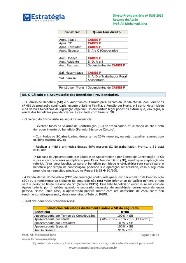 Cálculo Do Salário De Benefício Inss - Vários Benefícios