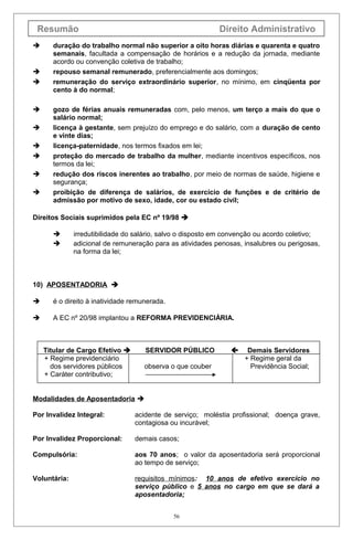 Resumão Direito Administrativo
 duração do trabalho normal não superior a oito horas diárias e quarenta e quatro
semanais, facultada a compensação de horários e a redução da jornada, mediante
acordo ou convenção coletiva de trabalho;
 repouso semanal remunerado, preferencialmente aos domingos;
 remuneração do serviço extraordinário superior, no mínimo, em cinqüenta por
cento à do normal;
 gozo de férias anuais remuneradas com, pelo menos, um terço a mais do que o
salário normal;
 licença à gestante, sem prejuízo do emprego e do salário, com a duração de cento
e vinte dias;
 licença-paternidade, nos termos fixados em lei;
 proteção do mercado de trabalho da mulher, mediante incentivos específicos, nos
termos da lei;
 redução dos riscos inerentes ao trabalho, por meio de normas de saúde, higiene e
segurança;
 proibição de diferença de salários, de exercício de funções e de critério de
admissão por motivo de sexo, idade, cor ou estado civil;
Direitos Sociais suprimidos pela EC nº 19/98 
 irredutibilidade do salário, salvo o disposto em convenção ou acordo coletivo;
 adicional de remuneração para as atividades penosas, insalubres ou perigosas,
na forma da lei;
10) APOSENTADORIA 
 é o direito à inatividade remunerada.
 A EC nº 20/98 implantou a REFORMA PREVIDENCIÁRIA.
Titular de Cargo Efetivo  SERVIDOR PÚBLICO  Demais Servidores
+ Regime previdenciário + Regime geral da
dos servidores públicos observa o que couber Previdência Social;
+ Caráter contributivo;
Modalidades de Aposentadoria 
Por Invalidez Integral: acidente de serviço; moléstia profissional; doença grave,
contagiosa ou incurável;
Por Invalidez Proporcional: demais casos;
Compulsória: aos 70 anos; o valor da aposentadoria será proporcional
ao tempo de serviço;
Voluntária: requisitos mínimos: 10 anos de efetivo exercício no
serviço público e 5 anos no cargo em que se dará a
aposentadoria;
56
 