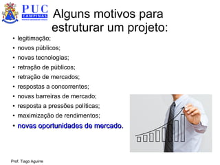 Prof. Tiago Aguirre
Alguns motivos para estruturar um
projeto:
● legitimação;
● novos públicos;
● novas tecnologias;
● retração de públicos;
● retração de mercados;
● respostas a concorrentes;
● novas barreiras de mercado;
● resposta a pressões políticas;
● maximização de rendimentos;
●
novas oportunidades de mercado.novas oportunidades de mercado.
 
