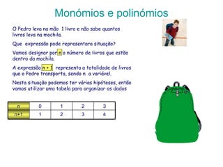 Monómios e polinómios O Pedro leva na mão  1 livro e não sabe quantos livros leva na mochila.  Que  expressão pode representara situação? Vamos designar por n o número de livros que estão dentro da mochila. A expressão n + 1  representa a totalidade de livros que o Pedro transporta, sendo n  a variável. Nesta situação podemos ter várias hipóteses, então vamos utilizar uma tabela para organizar os dados 4 3 2 1 n+1 3 2 1 0 n 