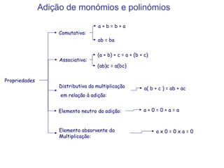 Adição de monómios e polinómios Comutativa: Propriedades Associativa : Distributiva da multiplicação em relação à adição: Elemento   absorvente da Multiplicação: Elemento   neutro da adição: a + b = b + a  ab = ba (a + b) + c = a + (b + c)  (ab)c = a(bc) a( b + c ) = ab + ac a + 0 = 0 + a = a a x 0 = 0 x a = 0 