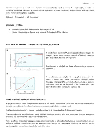 Fármaco 25 
Normalmente, o numero de molecs de adrenalina aplicadas ao tecido excede o numero de receptores (N), de modo q a 
reação de ligação (NX) não reduz a concentração de adrenalina. A resposta produzida pela adrenalina será relacionada 
com o numero de receptores ocupados. 
A (droga) + R (receptor) = AR (complexo) 
AFINIDADE E EFICÁCIA 
· Afinidade - Capacidade de se associar, Avaliada pela EC50 
· Eficácia - Capacidade de disparar uma resposta, Avaliada pelo Efeito máximo. 
RELAÇÃO TEÓRICA ENTRE A OCUPAÇÃO E A CONCENTRAÇÃO DE LIGANTE 
A constante de equilíbrio KA, é uma característica da droga e do 
receptor; possui numericamente concentrações iguais da droga 
para ocupar 50% dos sítios em equilíbrio. 
Quanto maior a afinidade da droga pelos receptores, menor o 
valor de KA. 
A equação descreve a relação entre ocupação e concentração da 
droga e produz uma curva característica conhecida como 
hipérbole retangular (A), no trabalho farmacológico é comum 
utilizarmos uma escala logarítmica de concentração, que 
converte a hipérbole numa curva sigmoide (B). 
CURVA DE CONCENTRAÇÃO DO AGONISTA DE EFEITO 
A ligação das drogas a seus receptores nos tecidos pd ser medida diretamente. Entretanto, trata-se de uma resposta 
biológica normal (como elevação da PA, relaxamento ou contração de um músculo e etc). 
Essa ligação (droga-receptor) é medida e plotada como curva de concentração e efeito ou dose resposta. 
Essa curva não pode ser utilizada para medir afinidade de drogas agonitas pelos seus receptores, visto que a resposta 
produzida não é proporcional à ocupação dos receptores. 
Todos os efeitos finais observados por drogas são um conjunto de alterações fisiológicas, a outra dificuldade em se 
analisar a afinidade de uma droga pelo seu receptor é que a [droga] nos receptores é desconhecida, uma vez que os 
agonistas podem ser sujeitos a degradação enzimática e etc. 
 