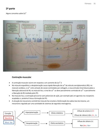 Fármaco 31 
2ª parte 
Alguns conceitos sobre Ca2+ 
Contração muscular 
· A contração muscular ocorre em resposta a um aumento do [ca2+ ]i 
· No músculo esquelético, a despolarização causa rápida liberação de ca2+ do reticulo sarcoplasmático (RS); no 
músculo cardíaco, o ca2+ entra através de canais controlados por voltagem, e essa entrada inicial desencadeia a 
liberação adicional do RS; no músculo liso, o sinal de ca2+ se deve parcialmente a entrada de ca2+ e parcialmente 
a liberação do RS mediada pelo IP3. 
· No músculo liso, a contração pd ocorrer sem potenciais de ação, por exemplo qdo um agonista nos receptores 
acoplados a proteína G leva a formação de IP3. 
· A ativação do mecanismo contrátil do músculo liso envolve a fosforização da cadeia leve da miosina, um 
mecanismo regulado por uma variedade de sistemas de segundos mensageiros. 
Coração 
Hiperpolarização 
Despolarização 
Efeito inibitório 
Efeito excitatório 
Influxo de anions (-) Cl- 
Efluxo de cátions (+)k+, k+ , k+ 
Influxo de cátions (+) 
Na+,Na+, Na+ 
Neurônio 
Musc. liso 
 