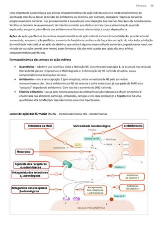 Fármaco 38 
Uma importante característica das aminas simpatomiméticas de ação indireta consiste no desenvolvimento de 
acentuada tolerância. Doses repetidas de anfetamina ou tiramina, por exemplo, produzem respostas pressoras 
progressivamente menores. Isso provavelmente é causado por uma depleção das reservas liberáveis de noradrenalina. 
Verifica-se também desenvolvimento de tolerância similar aos efeitos centrais com a administração repetida 
explicando, em parte, a tendência das anfetaminas e fármacos relacionados a causar dependência. 
Ações. As ações periféricas das aminas simpatomiméticas de ação indireta incluem broncodilatação, pressão arterial 
aumentada, vasoconstrição periférica, aumento da freqüência cardíaca e da força de contração do miocárdio, e inibição 
da motilidade intestinal. À exceção da efedrina, que ainda é algumas vezes utilizada como descongestionante nasal, em 
virtude de sua ação central bem menos, esses fármacos não são mais usados por causa dos seus efeitos 
simpatomiméticos periféricos. 
Farmacodinâmica das aminas de ação indireta 
· Guanetidina – não tem uso na clinica. Inibe a liberação NE, ela entra pela captação 1, se acumula nas vesículas 
liberando NE para o citoplasma e a MAO degrada-o. A diminuição de NE na fenda sináptica, causa 
comprometimento do impulso nervoso. 
· Anfetamina – entra pela captação 1 (pré-sinaptica), entra na vesícula de NE pelo carreador 
monoaminovesicular. Entra anfetamina sai NE da vesícula e sofre endocitose, já que parte da MAO esta 
“ocupada” degradando anfetamina. Com isso há o aumento da [NE] na fenda. 
· Efedrina e tiramina – passa pelo mesmo processo da anfetamina (substrato para a MAO). A tiramina é 
encontrada nos alimentos como qjo, embutidos, cervejas e etc. Nos enterocitos e hepatocitos há uma 
quantidade alta de MAO por isso não temos uma crise hipertensiva. 
Locais de ação dos fármacos (MeNa – metilnoradrenalina; NA - noradrenalina). 
 