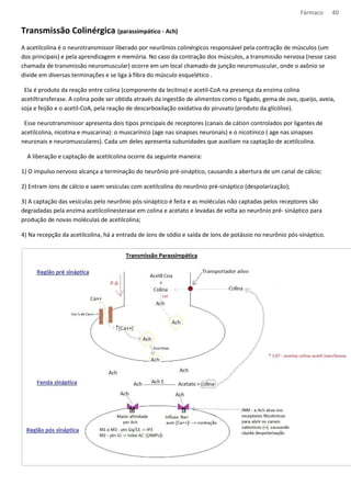 Fármaco 40 
Transmissão Colinérgica (parassimpático - Ach) 
A acetilcolina é o neurotransmissor liberado por neurônios colinérgicos responsável pela contração de músculos (um 
dos principais) e pela aprendizagem e memória. No caso da contração dos músculos, a transmissão nervosa (nesse caso 
chamada de transmissão neuromuscular) ocorre em um local chamado de junção neuromuscular, onde o axônio se 
divide em diversas terminações e se liga à fibra do músculo esquelético . 
Ela é produto da reação entre colina (componente da lecitina) e acetil-CoA na presença da enzima colina 
acetiltransferase. A colina pode ser obtida através da ingestão de alimentos como o fígado, gema de ovo, queijo, aveia, 
soja e feijão e o acetil-CoA, pela reação de descarboxilação oxidativa do piruvato (produto da glicólise). 
Esse neurotransmissor apresenta dois tipos principais de receptores (canais de cátion controlados por ligantes de 
acetilcolina, nicotina e muscarina): o muscarínico (age nas sinapses neuronais) e o nicotínico ( age nas sinapses 
neuronais e neuromusculares). Cada um deles apresenta subunidades que auxiliam na captação de acetilcolina. 
A liberação e captação de acetilcolina ocorre da seguinte maneira: 
1) O impulso nervoso alcança a terminação do neurônio pré-sináptico, causando a abertura de um canal de cálcio; 
2) Entram íons de cálcio e saem vesículas com acetilcolina do neurônio pré-sináptico (despolarização); 
3) A captação das vesículas pelo neurônio pós-sináptico é feita e as moléculas não captadas pelos receptores são 
degradadas pela enzima acetilcolinesterase em colina e acetato e levadas de volta ao neurônio pré- sináptico para 
produção de novas moléculas de acetilcolina; 
4) Na recepção da acetilcolina, há a entrada de íons de sódio e saída de íons de potássio no neurônio pós-sináptico. 
 