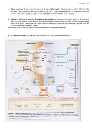Fármaco 52 
· Ácido nicotínico: O ácido nicotínico aumenta a degradação hepática das lipoproteínas LDL e VLDL, levando 
portanto a uma diminuição dos níveis plasmáticos do LDL-C, VLDL-C e dos triglicérides. O ácido nicotínico pode 
reduzir o LDL-C em 5%-25%, os triglicérides em 20%-50% e aumentar o HDL-C em 15%-35%. 
· Inibidores seletivos da absorção do colesterol (ezetimibe): Esse medicamento reduz a absorção de colesterol 
pelo intestino, levando a uma redução do colesterol hepático, aumentando, portanto o número de receptores 
de LDL-C no fígado. O ezetimibe não é absorvido, não havendo, portanto, risco de toxicidade sistêmica. Deve ser 
utilizado juntamente com uma estatina. 
Mecanismo de ação: age nas bordas em escova impedindo a absorção do colesterol. 
· TG marinhos (Omega 3) – reduzem TG plasmáticos, VLDL e aumentam colesterol total. 
 
