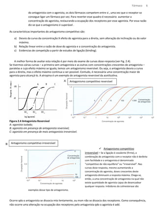 Fármaco 6 
do antagonista com o agonista, os dois fármacos competem entre si , uma vez que o receptor so 
consegue ligar um fármaco por vez. Para reverter esse quadro é necessário aumentar a 
concentração do agonista, restaurando a ocupação dos receptores por esse agonista. Por essa razão 
diz-se que o antagonismo é superável . 
As características importantes do antagonismo competitivo são: 
a) Desvio da curva da concentração X efeito do agonista para a direita, sem alteração da inclinação ou do valor 
máximo. 
b) Relação linear entre a razão de dose do agonista e a concentração do antagonista. 
c) Evidencias de competição a partir de estudos de ligação (binding). 
A melhor forma de avaliar esta relação é por meio do exame de curvas dose-resposta (ver Fig. 2.4). 
Se tivermos várias curvas – a primeira sem antagonista e as outras com concentrações crescentes de antagonista – 
paralelas e cujo efeito máximo se iguala, temos um antagonismo reversível. Ou seja, o antagonista desvia a curva 
para a direita, mas o efeito máximo continua a ser possível. Contudo, é necessária uma concentração maior de 
agonista para alcançá-lo. A atropina é um exemplo de antagonista reversível da acetilcolina. 
Antagonismo competitivo reversível 
Figura 2.4 Antagonista Reversível 
A: agonista isolado; 
B: agonista em presença de antagonista reversível; 
C: agonista em presença de mais antagonista irreversível. 
 Antagonismo competitivo 
irreversível – Se a ligação é covalente (firme), a 
combinação do antagonista com o receptor não é desfeita 
com facilidade e o antagonista é denominado 
“competitivo de não equilíbrio” ou “irreversível”. Nas 
curvas dose-resposta, mesmo aumentando a 
concentração do agonista, doses crescentes deste 
antagonista diminuem a resposta máxima. Chega-se, 
então, a uma concentração de antagonista na qual não 
existe quantidade de agonista capaz de desencadear 
qualquer resposta. Inibidores da colinesterase são 
Antagonismo competitivo irreversível 
exemplos desse tipo de antagonismo. 
Ocorre qdo o antagonista se dissocia mto lentamente, ou msm não se dissocia dos receptores. Como consequência, 
não ocorre uma alteração na ocupação dos receptores pelo antagonista qdo o agonista é add. 
 