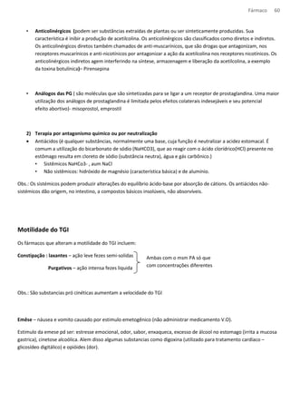 Fármaco 60 
• Anticolinérgicos (podem ser substâncias extraídas de plantas ou ser sinteticamente produzidas. Sua 
característica é inibir a produção de acetilcolina. Os anticolinérgicos são classificados como diretos e indiretos. 
Os anticolinérgicos diretos também chamados de anti-muscarínicos, que são drogas que antagonizam, nos 
receptores muscarínicos e anti-nicotínicos por antagonizar a ação da acetilcolina nos receptores nicotínicos. Os 
anticolinérgicos indiretos agem interferindo na síntese, armazenagem e liberação da acetilcolina, a exemplo 
da toxina botulínica)– Pirensepina 
• Análogos das PG ( são moléculas que são sintetizadas para se ligar a um receptor de prostaglandina. Uma maior 
utilização dos análogos de prostaglandina é limitada pelos efeitos colaterais indesejáveis e seu potencial 
efeito abortivo)- misoprostol, emprostil 
2) Terapia por antagonismo quimico ou por neutralização 
· Antiácidos (é qualquer substâncias, normalmente uma base, cuja função é neutralizar a acidez estomacal. É 
comum a utilização do bicarbonato de sódio (NaHCO3), que ao reagir com o ácido clorídrico(HCl) presente no 
estômago resulta em cloreto de sódio (substância neutra), água e gás carbônico.) 
• Sistêmicos NaHCo3- , aum NaCl 
• Não sistêmicos: hidróxido de magnésio (característica básica) e de alumínio. 
Obs.: Os sistémicos podem produzir alterações do equilíbrio ácido-base por absorção de cátions. Os antiácidos não-sistémicos 
dão origem, no intestino, a compostos básicos insolúveis, não absorvíveis. 
Motilidade do TGI 
Os fármacos que alteram a motilidade do TGI incluem: 
Constipação : laxantes – ação leve fezes semi-solidas 
Purgativos – ação intensa fezes liquida 
Ambas com o msm PA só que 
com concentrações diferentes 
Obs.: São substancias pró cinéticas aumentam a velocidade do TGI 
Emêse – náusea e vomito causado por estimulo emetogênico (não administrar medicamento V.O). 
Estimulo da emese pd ser: estresse emocional, odor, sabor, enxaqueca, excesso de álcool no estomago (irrita a mucosa 
gastrica), cinetose alcoólica. Alem disso algumas substancias como digoxina (utilizado para tratamento cardíaco – 
glicosídeo digitálico) e opióides (dor). 
 