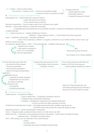 1
O Estalinismo
1928  Estaline  Chefe da União Soviética
 Sem entraves  Empenhou-se em:  Construir uma sociedade socialista
 Transformar a Rússia numa potência mundial
 Colectivização dos campos e planificação económica
Colectivização rural  Imprescindível para o avanço da indústria
 Liberta mão-de-obra ara as fábricas
 Fornece alimentos para os operários
Movimento empreendido  Contra os Kulaks (a quem foram confiscados terras e gado)
Kolkhozes  Novas quintas coletivas ou cooperativas de produção.
 A população deveria dar grande parte da sua produção ao Estado e a restante seria dividida pelos camponeses consoante
o trabalho efectuado.
1930  Partido Comunista cria  Estações de Máquinas e Tractores
 Kolkhozes  Alugar máquinas e técnicos  Controlo político dos campos assegurado
Apesar  Resistência à colectivização  Resultados: satisfatórios
 Levou muitos camponeses a abaterem o seu gado e a destruírem as suas colheitas (preferiam destruir tudo o que
tinham do que dar ao Estado).
Ao contrário do capitalismo liberal  URSS  Tinha tudo planificado  Estabelece metas para que:
 Baseado na livre iniciativa
 Não organiza a produção de
acordo com as necessidades
Crises de Superprodução
 O totalitarismo repressivo do Estado
Estado Estalinista  Omnipotente e totalitário
 Todas as regiões foram  Russificadas e submetidas a Moscovo
 Cidadãos privados das liberdades fundamentais
 Sociedade  Enquadrada em organizações que a vigiavam desde jovens
 Inscritos nos Pioneiros e depois juventudes comunistas
Só Partido Comunista podia estar no poder  Nas eleições apenas podiam estar candidatos sugeridos por ele
 Centralismo democrático permitia-lhe controlo dos órgãos do Estado
Estado geria economia  Através da planificação e colectivização
Cultura  Obrigada a exaltar a grandeza do Estado soviético e a render culto ao seu chefe
Partido comunista  Transformou-se profundamente burocrático e disciplinado  Facilita reforço dos poderes do Estado
 Repressão brutal  Pela NKVD (nova policia politica)
1934  URSS começou com uma repreensão crónica caracterizada por:
 Purgas
 Processos políticos
 Deportação para campos de trabalhos forçados (Gulag)
Conseguiu através de:
 Colectivização dos campos
 Planificação económica
 Totalitarismo repressivo do Estado
URSS
Recuperasse do atraso económico

Para competir com os inimigos capitalistas
 Primeiro Plano Quinquenal 1928-1932
 Incremento da indústria pesada
 Promoveu investimentos
 Recorreu técnicos estrangeiros
 Aposta na formação de especialistas e
engenheiros
 Medidas coercivas
 Caderneta do trabalho obrigatória
 Despedimento sem aviso prévio
por ausência injustificada
Contribuíram para:
 Fixar operários
 Aumentar produtividade
 Segundo Plano Quinquenal 1933-1937
 Indústria ligeira e bens de consumo
 Resultados: Honrosos
 Terceiro Plano Quinquenal 1938-1945 (mas
acabou em 1941 por causa da guerra)
 Indústria pesada, hidroeléctrica e química
Apesar do 3º Plano Quinquenal ter sido
interrompido pela Segunda Guerra Mundial, a
Rússia já era uma das 3 potências mundiais
(ao lado da Alemanha e EUA).
 