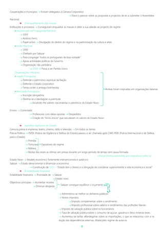 8
Cooperações e municípios  Enviam delegados à Câmara Corporativa
 Dava o parecer sobre as propostas e projectos de lei a submeter à Assembleia
Nacional.
 O enquadramento das massas
Instituições e processos  Conseguiram enquadrar as massas e obter a sua adesão ao projecto do regime
 Secretariado da Propaganda Nacional
 1933
 António Ferro
 Papel activo  Divulgação do ideário do regime e na padronização da cultura e artes
 União Nacional
 1930
 Chefiado por Salazar
 Para congregar “todos os portugueses de boa vontade”
 Apoia actividades políticas do Governo
 Organização não partidária
 1934  Passa a ser Partido Único
Organizações milicianas
 Legião Portuguesa
 Defende o património espiritual da Nação
 Defende o Estado corporativo
 Tenta conter a ameaça bolchevista
 Mocidade Portuguesa
 Inscrição obrigatória
 Destina-se a ideologizar a juventude
 Incutindo-lhe valores nacionalistas e patrióticos do Estado Novo
Ensino  Controlado
 Professores com ideias opostas  Despedidos
 Criação do “livros únicos” que veiculavam os valores do Estado Novo
 Aparelho repressivo do Estado
Censura prévia à imprensa, teatro, cinema, rádio e televisão  Em todos os temas
Policia Politica  PVDE (Policia de Vigilância e Defesa do Estado) passou a ser chamada após 1945 PIDE (Policia Internacional e de Defesa
para o Estado)
 Prendia
 Torturava Opositores do regime
 Matava
 Muitas das vezes as vítimas iam presas durante um longo período de tempo sem causa formada.
Uma economia submetida aos imperativos políticos
Estado Novo  Modelo económico fortemente intervencionista e autárcico
Salazar  Estado devia orientar e dinamizar a economia
 Constituição de 1933 – “Estado tem o direito e a obrigação de coordenar superiormente a vida económica e social”
 A estabilidade financeira
Estabilidade financeira  Prioridade de  Salazar
 Estado novo
Objectivos principais  Aumentar receitas
 Diminuir despesas
 Administrou-se melhor os dinheiros públicos
 Novos impostos:
 Imposto complementar sobre o rendimento
 Imposto profissional sobre salários e rendimentos das profissões liberais
 Imposto de salvação pública sobre os funcionários
 Taxa de salvação pública sobre o consumo de açúcar, gasolina e óleos minerais leves
 Aumentou-se tarifas alfandegárias sobre as importações, o que se relacionou com a re
dução das dependências externas, ditada pelo regime de autarcia.
Ambas foram inspiradas em organizações italianas
Salazar consegue equilibrar o orçamento
 