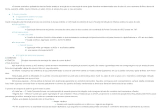  Promover uma melhor qualidade de vidas das famílias através da atribuição de um vasto leque de outras ajudas financeiras em determinados actos da vida civil, como nascimento de filhos, abonos de
família, casamento e óbito, mesmo instituindo um salário mínimo de sobrevivência para os mais carenciados.
 O mundo comunista
 O expansionismo soviético na Europa
 Mecanismos de domínio
Grande consequência da intervenção americana nas economias da Europa ocidental  Confirmação do ambiente de Guerra Fria pela intensificação da influência soviética nos países de Leste:
 Influência política
 COMINFORM
 Organização internacional dos partidos comunistas dos vários países do bloco socialista, sob coordenação do Partido Comunista da URSS, fundada em 1947.
 Influência económica
 COMECON (1949)
 Conselho de Assistência Económica Mútua através do qual se estabelece a coordenação dos planos económicos dos países membros e a ajuda financeira da URSS aos seus aliados.
 Reacção soviética à organização económica do Oriente (OECE)
 Influência militar
 Pacto de Varsóvia
 Organização militar que integrava a URSS e os seus Estados satélites
 É uma resposta à formação da NATO
 A formação das democracias populares
 COMINFORM
 COMECON Principais instrumentos de dominação dos países da “cortina de ferro”.
 Pacto de Varsóvia
Após a derrota do nazismo, a URSS reclamou o direito de intervir directamente na reorganização económica e política dos estados cuja libertação tinha sido conseguida por sua acção directa, até como
forma de compensação material dos prejuízos tidos com a sua intervenção.
No entanto, na sequência das conferências de paz, praticamente todos os países de Leste tinham aderido ao modelo ocidental (capitalismo), em que os partidos comunistas, apesar de fortes, eram minori-
tários.
Nesta situação, perante as dificuldades em os partidos comunistas ascenderem ao poder pela via democrática, Jdanov impõe nos países de Leste a ruptura com o imperialismo ocidental pela instituição
das democracias populares com recurso à força.
Democracias populares  Formas políticas de transição entre a democracia parlamentar e o centralismo democrático. Na prática, continuava a existir o pluripartidarismo e a haver eleições consideradas
livres. Porém, s partidos comunistas foram-se impondo gradualmente no domínio dos aparelhos de Estado, transformando as democracias liberais em democracias de tipo soviético.
O processo de conquista do poder foi igual em todos os países:
 Primeira fase  O Partido Comunista formava, com outros partidos de esquerda, governos de coligação, onde conseguiam a tutela dos ministérios mais importantes e influentes;
 Segunda fase  Utilizavam o poder para apoiar organizações de base (sindicatos e milícias armadas) de que se serviam para pressionar os sectores da oposição liberal. Esta pressão podia mesmo passar
pela perseguição política, eliminação física ou prisão em consequência de processos judiciais obscuros;
 Após a generalização da repressão sobre as forças liberais
 Perdem influência
 Remetem-se à inoperância política com o silêncio ou a fuga dos seus dirigentes;
 Por fim, o poder tornou-se propriedade exclusiva das classes trabalhadoras, cuja vanguarda era constituída pelos partidos comunistas. É o centralismo democrático na plenitude do seu exercício.
 