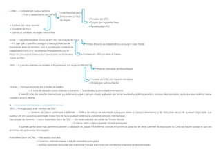  1966  Combates em todo o território
 Com o aparecimento da UNITA
Guiné »» Luta anticolonialista iniciou-se em 1963 sob a acção do PAIGC
 Foi aqui que a guerrilha conseguiu a libertação efectiva de
Importantes áreas do território, com a proclamação unilateral de
Independência em 1973, reconhecida imediatamente por 82
Países da comunidade internacional com assento na Assembleia-
-Geral da ONU.
1964 »» A guerrilha estendeu-se também a Moçambique, por acção da FRELIMO
13 anos »» Portugal envolvido em 3 frentes de batalha
 À custa de elevados custos materiais e humanos »» Surpreendeu a comunidade internacional
A intensificação das pressões internacionais e o isolamento a que o país era votado acabariam por tornar inevitável a cedência perante o processo descolonizador, ainda que essa cedência tivesse
custado o próprio regime.
 As pressões internacionais e o isolamento do país
1955 »» Portugal passa a ser membro da ONU
 Governo de Salazar continuava a defender »» Política de reforço da autoridade portuguesa sobre os espaços ultramarinos e de indiscutível recusa de qualquer negociação que
pudesse pôr em causa essa autoridade. Estava fora de causa qualquer cedência às crescentes pressões internacionais
Esta posição do Governo »» Leva a Assembleia-Geral da ONU  Sob fortes pressões dos países do Terceiro Mundo
 A colocar sobre a mesa a questão colonial portuguesa
A questão ganha ainda mais pertinência perante a habilidade de Salazar e transformar colónias em províncias para não ter de se submeter às disposições da Carta das Nações Unidas no que aos
territórios não autónomos dizia respeito.
Assembleia-Geral da ONU  Não aceitou esta tese
 Condenou sistematicamente a atitude colonialista portuguesa
 Aprovou sucessivas resoluções para pressionar Portugal a arrancar com um efectivo programa de descolonização
 Fundado em 1955
 Dirigido por Agostinho Neto
 Apoiado pela URSS
União Nacional para a
Independência Total
de Angola
 Fundado por Jonas Savimbi
 Dissidente da FNLA
 Liderou os combates na região interior leste
Partido Africano da Independência da Guiné e Cabo Verde.
 Fundado em 1956 por Amílcar Cabral
Frente de Libertação de Moçambique
 Fundada em 1962 por Eduardo Mondlane
 Dirigida por Samora Machel
 