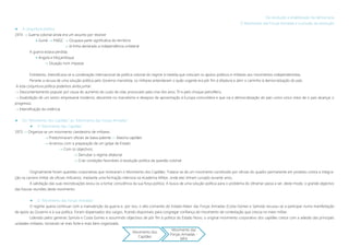 Movimento dos
Capitães
Movimento das
Forças Armadas -
MFA
Da revolução à estabilização da democracia
O Movimento das Forças Armadas e a eclosão da revolução
 A conjuntura política
1974  Guerra colonial ainda era um assunto por resolver
 Guiné  PAIGC  Ocupava parte significativa do território
 Já tinha declarado a independência unilateral
A guerra estava perdida.
 Angola e Moçambique
 Situação num impasse
Entretanto, intensificava-se a condenação internacional da política colonial do regime à medida que cresciam os apoios políticos e militares aos movimentos independentistas.
Perante a recusa de uma solução politica pelo Governo marcelista, os militares entenderam o quão urgente era pôr fim à ditadura e abrir o caminho à democratização do país.
A esta conjuntura política podemos ainda juntar:
 Descontentamento popular por causa do aumento do custo de vida, provocado pela crise dos anos 70 e pelo choque petrolífero;
 Insatisfação de um sector empresarial moderno, descentre no marcelismo e desejoso de aproximação à Europa comunitária e que via a democratização do país como único meio de o país alcançar o
progresso;
 Intensificação da violência.
 Do “Movimento dos Capitães” ao “Movimento das Forças Armadas”
 O “Movimento dos Capitães”
1973 »» Organiza-se um movimento clandestino de militares
 Predominavam oficiais de baixa patente »» Maioria capitães
 Arrancou com a preparação de um golpe de Estado
 Com os objectivos:
 Derrubar o regime ditatorial
 Criar condições favoráveis à resolução política da questão colonial
Originalmente foram questões corporativas que motivaram o Movimento dos Capitães. Tratava-se de um movimento constituído por oficiais do quadro permanente em protesto contra a integra-
ção na carreira militar de oficiais milicianos, mediante uma formação intensiva na Academia Militar, onde eles tinham cursado durante anos.
A satisfação das suas reivindicações levou-os a tomar consciência da sua força política. A busca de uma solução política para o problema do Ultramar passa a ser, deste modo, o grande objectivo
das futuras reuniões deste movimento.
 O “Movimento das Forças Armadas”
O regime queria continuar com a manutenção da guerra e, por isso, o alto-comando do Estado-Maior das Forças Armadas (Costa Gomes e Spínola) recusou-se a participar numa manifestação
de apoio ao Governo e à sua política. Foram dispensados dos cargos, ficando disponíveis para congregar confiança do movimento de contestação que crescia no meio militar.
Liderado pelos generais Spínola e Costa Gomes e assumindo objectivos de pôr fim à política do Estado Novo, o original movimento corporativo dos capitães cresce com a adesão das principais
unidades militares, tornando-se mais forte e mais bem organizado.
 