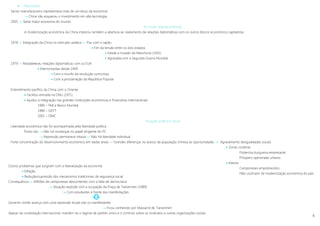 6
 Resultados
Sector manufactureiro representava mais de um terço da economia
 China não esqueceu o investimento em alta tecnologia
2005  Sexta maior economia do mundo
As novas relações externas
A modernização económica da China implicou também a abertura ao reatamento de relações diplomáticas com os outros blocos económicos capitalistas.
1978  Integração da China no mercado asiático »» Paz com o Japão
 Fim da tensão entre os dois estados
 Desde a invasão da Manchúria (1931)
 Agravada com a Segunda Guerra Mundial
1979 »» Restabeleceu relações diplomáticas com os EUA
 Interrompidas desde 1949
 Com o triunfo da revolução comunista
 Com a proclamação da República Popular
Entendimento pacífico da China com o Oriente
 Facilitou entrada na ONU (1971)
 Ajudou a integração nas grandes instituições económicas e financeiras internacionais
1980 – FMI e Banco Mundial
1986 – GATT
2001 – OMC
Situação política e social
Liberdade económica não foi acompanhada pela liberdade política
Posto isto  Não há mudanças no papel dirigente do PC
 Repressão permanece intacta »» Não há liberdade individual
Forte concentração do desenvolvimento económico em dadas áreas »» Grandes diferenças no acesso da população chinesa às oportunidades  Agravamento desigualdades sociais
 Zonas costeiras
Poderosa burguesia empresarial
Próspero operariado urbano
 Interior
Camponeses empobrecidos
Não usufruem da modernização económica do país
Outros problemas que surgiram com a liberalização da economia
 Inflação
 Redução/supressão dos mecanismos tradicionais de segurança social
Consequência »» Milhões de camponeses descontentes com a falta de democracia
 Situação explode com a ocupação da Praça de Tiananmen (1989)
 Com estudantes à frente das manifestações
Governo chinês avança com uma repressão brutal sob os manifestantes
 Ficou conhecido por Massacre de Tiananmen
Apesar da contestação internacional, mantém-se o regime de partido único e o controlo sobre os sindicatos e outras organizações sociais.
 