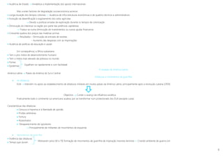 9
 Ausência de Estado  Inviabiliza a implementação dos apoios internacionais
Mas a estes factores de degradação socioeconómica acresce:
 Longa duração dos tempos coloniais »» Ausência de infra-estruturas económicas e de quadros técnicos e administrativos
 Evolução da desertificação e esgotamento dos solos agrícolas
 Devido a políticas erradas de exploração durante os tempos de colonização
 Diminuição do interesse na região por parte das potências capitalistas
 Traduz-se numa diminuição de investimentos ou outras ajudas financeiras
 Crescente quebra dos preços das matérias-primas
 Resultados – Diminuição da entrada de receitas
– Aumento das despesas com as importações
 Ausência de políticas de educação e saúde
Em consequência, a África subsariana:
 Tem o pior índice de desenvolvimento humano
 Tem o índice mais elevado de pobreza no mundo
 Fomes
 Epidemias
A situação da América Latina
América Latina  Países da América do Sul e Central
Ditaduras e movimentos de guerrilha
 As ditaduras
EUA  Intervém no apoio ao estabelecimento de ditaduras militares em muitos países da América Latina, principalmente após a revolução cubana (1959).
Objectivo  Conter o avanço da influência soviética
Praticamente todo o continente sul-americano acabou por se transformar num protectorado dos EUA (excepto cuba).
Características das ditaduras:
 Censura à imprensa e à liberdade de opinião
 Prisões arbitrárias
 Tortura
 Assassinatos
 Desaparecimento de opositores
 Principalmente de militantes de movimentos de esquerda
 Movimentos de guerrilha
 Violência das ditaduras
 Tempo que duram
Espalham-se rapidamente e com facilidade
Motivaram (anos 60 e 70) formação de movimentos de guerrilha de inspiração marxista-leninista »» Criando ambiente de guerra civil
 