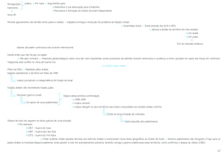 12
Perseguições
Extermínio

Anos 40
Perante agravamento das tensões entre judeus e árabes »» Inglaterra entrega a resolução do problema às Nações Unidas
 Assembleia-Geral »» Sobre pressão dos EUA e URSS
 Aprova a divisão do território em dois estados
 Um árabe
 Um judeu

Fim do mandato britânico
Apenas Jerusalém continuava sob controlo internacional.
Desde então que não há paz na região.
 Até pelo contrário »» Interesses geoestratégicos sobre uma das mais importantes zonas produtoras de petróleo levaram americanos e soviéticos a tomar posições em apoio das forças em confronto,
integrando este conflito no clima de Guerra Fria.
O conflito israelo-árabe
Plano da ONU  Rejeitado pelos árabes
Ingleses abandonam o território em Maio de 1948
Judeus proclamam a independência do Estado de Israel
Estados árabes não reconhecem Estado judeu
Declaram guerra a Israel
Em apoio da causa palestiniana
Depois de tudo isto seguem-se várias guerras de curta duração.
 Por exemplo:
 1957 - Guerra do Suez
 1967 – Guerra dos Seis Dias
 1973 – Guerra do Yon Kipur
 Onde israelitas impõe pesadas derrotas aos exércitos árabes e acrescentam novas áreas geográficas ao Estado de Israel »» Imensos palestinianos são obrigados a fugir para os
países árabes (a chamada diáspora palestina), onde passam a viver em acampamentos precários, levando consigo a guerra israelita para esses territórios, como confirmou o ataque ao Líbano (1982).
Depois desta primeira confrontação
 1948-1949
 Judeus vencem
 Judeus alargam os seus territórios para áreas conquistadas aos estados árabes vizinhos
Onde se inicia a fixação de colonatos
Após expulsão dos palestinianos
Judeus »» Por nazis »» Argumentos para
 Intensificar a sua deslocação para a Palestina
 Reivindicar a formação do Estado de Israel independente
 