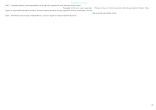 16
O problema do Kosovo
1987  Slobodan Milosevic assume presidência da Sérvia (e da Jugoslávia) e anula a autonomia do Kosovo
 População revolta-se e exige a separação »» Milosevic inicia uma violenta repressão, incluindo operações de limpeza étnica
Depois da comunidade internacional intervir, Milosevic aceita a derrota e as tropas jugoslavas (sérvias) abandonam o Kosovo
 Sob protecção das Nações Unidas
2008  Parlamento kosovar aprova independência e o Kosovo separa-se institucionalmente da Sérvia
 