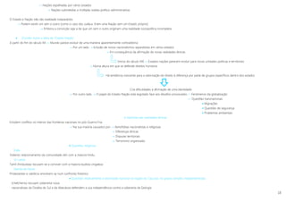 18
»» Nações espalhadas por vários estados
 Nações submetidas a múltiplas tutelas político-administrativas
O Estado e Nação não são realidade inseparáveis
 Podem existir um sem o outro (como o caso dos Judeus. Eram uma Nação sem um Estado próprio)
 Embora a convicção seja a de que um sem o outro originam uma realidade sociopolítica incompleta
 Dúvidas sobre a ideia de “Estado-Nação”
A partir do fim do século XX »» Mundo parece evoluir de uma maneira aparentemente contraditória:
 Por um lado  Eclosão de novos nacionalismos separatistas em vários estados
 Em consequência da afirmação de novas realidades étnicas
Inícios do século XXI »» Estados-nações parecem evoluir para novas unidades políticas e territoriais
 Numa altura em que se defende direitos humanos
Há tendência crescente para a valorização do direito à diferença por parte de grupos específicos dentro dos estados
Cria dificuldades à afirmação de uma identidade
 Por outro lado  O papel do Estado-Nação está esgotado face aos desafios provocados »» Fenómenos da globalização
»» Questões transnacionais
 Migrações
 Questões de segurança
 Problemas ambientais
A explosão das realidades étnicas
Eclodem conflitos no interior das fronteiras nacionais no pós-Guerra Fria.
 Na sua maioria causados por  Xenofobias nacionalistas e religiosas
 Diferenças étnicas
 Disputas territoriais
 Terrorismo organizado
 Questões religiosas
Índia
Violento relacionamento da comunidade sikh com a maioria hindu
Sri Lanka
Tamil (hinduístas) recusam-se a conviver com a maioria budista cingalesa
Irlanda do Norte
Protestantes e católicos envolvem-se num confronto histórico
 Questões relativamente à identidade nacional na região do Cáucaso, há graves tensões independentistas:
- tchetchenos recusam soberania russa
- nacionalistas da Ossétia do Sul e da Abecássia defendem a sua independência contra a soberania da Geórgia
 