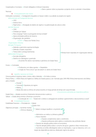 8
Cooperações e municípios  Enviam delegados à Câmara Corporativa
 Dava o parecer sobre as propostas e projectos de lei a submeter à Assembleia
Nacional.
 O enquadramento das massas
Instituições e processos  Conseguiram enquadrar as massas e obter a sua adesão ao projecto do regime
 Secretariado da Propaganda Nacional
 1933
 António Ferro
 Papel activo  Divulgação do ideário do regime e na padronização da cultura e artes
 União Nacional
 1930
 Chefiado por Salazar
 Para congregar “todos os portugueses de boa vontade”
 Apoia actividades políticas do Governo
 Organização não partidária
 1934  Passa a ser Partido Único
Organizações milicianas
 Legião Portuguesa
 Defende o património espiritual da Nação
 Defende o Estado corporativo
 Tenta conter a ameaça bolchevista
 Mocidade Portuguesa
 Inscrição obrigatória
 Destina-se a ideologizar a juventude
 Incutindo-lhe valores nacionalistas e patrióticos do Estado Novo
Ensino  Controlado
 Professores com ideias opostas  Despedidos
 Criação do “livros únicos” que veiculavam os valores do Estado Novo
 Aparelho repressivo do Estado
Censura prévia à imprensa, teatro, cinema, rádio e televisão  Em todos os temas
Policia Politica  PVDE (Policia de Vigilância e Defesa do Estado) passou a ser chamada após 1945 PIDE (Policia Internacional e de Defesa
para o Estado)
 Prendia
 Torturava Opositores do regime
 Matava
 Muitas das vezes as vítimas iam presas durante um longo período de tempo sem causa formada.
Uma economia submetida aos imperativos políticos
Estado Novo  Modelo económico fortemente intervencionista e autárcico
Salazar  Estado devia orientar e dinamizar a economia
 Constituição de 1933 – “Estado tem o direito e a obrigação de coordenar superiormente a vida económica e social”
 A estabilidade financeira
Estabilidade financeira  Prioridade de  Salazar
 Estado novo
Objectivos principais  Aumentar receitas
 Diminuir despesas
 Administrou-se melhor os dinheiros públicos
 Novos impostos:
 Imposto complementar sobre o rendimento
 Imposto profissional sobre salários e rendimentos das profissões liberais
 Imposto de salvação pública sobre os funcionários
 Taxa de salvação pública sobre o consumo de açúcar, gasolina e óleos minerais leves
 Aumentou-se tarifas alfandegárias sobre as importações, o que se relacionou com a re
dução das dependências externas, ditada pelo regime de autarcia.
Ambas foram inspiradas em organizações italianas
Salazar consegue equilibrar o orçamento
 