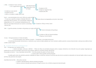  1966  Combates em todo o território
 Com o aparecimento da UNITA
Guiné »» Luta anticolonialista iniciou-se em 1963 sob a acção do PAIGC
 Foi aqui que a guerrilha conseguiu a libertação efectiva de
Importantes áreas do território, com a proclamação unilateral de
Independência em 1973, reconhecida imediatamente por 82
Países da comunidade internacional com assento na Assembleia-
-Geral da ONU.
1964 »» A guerrilha estendeu-se também a Moçambique, por acção da FRELIMO
13 anos »» Portugal envolvido em 3 frentes de batalha
 À custa de elevados custos materiais e humanos »» Surpreendeu a comunidade internacional
A intensificação das pressões internacionais e o isolamento a que o país era votado acabariam por tornar inevitável a cedência perante o processo descolonizador, ainda que essa cedência tivesse
custado o próprio regime.
 As pressões internacionais e o isolamento do país
1955 »» Portugal passa a ser membro da ONU
 Governo de Salazar continuava a defender »» Política de reforço da autoridade portuguesa sobre os espaços ultramarinos e de indiscutível recusa de qualquer negociação que
pudesse pôr em causa essa autoridade. Estava fora de causa qualquer cedência às crescentes pressões internacionais
Esta posição do Governo »» Leva a Assembleia-Geral da ONU  Sob fortes pressões dos países do Terceiro Mundo
 A colocar sobre a mesa a questão colonial portuguesa
A questão ganha ainda mais pertinência perante a habilidade de Salazar e transformar colónias em províncias para não ter de se submeter às disposições da Carta das Nações Unidas no que aos
territórios não autónomos dizia respeito.
Assembleia-Geral da ONU  Não aceitou esta tese
 Condenou sistematicamente a atitude colonialista portuguesa
 Aprovou sucessivas resoluções para pressionar Portugal a arrancar com um efectivo programa de descolonização
 Fundado em 1955
 Dirigido por Agostinho Neto
 Apoiado pela URSS
União Nacional para a
Independência Total
de Angola
 Fundado por Jonas Savimbi
 Dissidente da FNLA
 Liderou os combates na região interior leste
Partido Africano da Independência da Guiné e Cabo Verde.
 Fundado em 1956 por Amílcar Cabral
Frente de Libertação de Moçambique
 Fundada em 1962 por Eduardo Mondlane
 Dirigida por Samora Machel
 