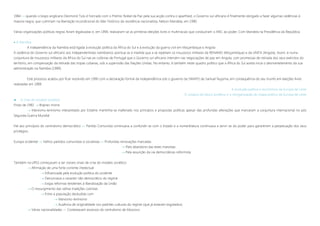 1984 »» quando o bispo anglicano Desmond Tutu é honrado com o Prémio Nobel da Paz pela sua acção contra o apartheid, o Governo sul-africano é finalmente obrigado a fazer algumas cedências à
maioria negra, que culminam na libertação incondicional do líder histórico da resistência nacionalista, Nelson Mandela, em 1990.
Várias organizações políticas negras foram legalizadas e, em 1994, realizaram-se as primeiras eleições livres e multirraciais que conduziram o ANC ao poder, Com Mandela na Presidência da República.
 A Namíbia
A independência da Namíbia está ligada à evolução política da África do Sul e à evolução da guerra civil em Moçambique e Angola
A cedência do Governo sul-africano aos independentistas namibianos acentua-se à medida que a se repetiam os insucessos militares da RENAMO (Moçambique) e da UNITA (Angola). Assim, é numa
conjuntura de insucessos militares da África do Sul nas ex-colónias de Portugal que o Governo sul-africano intervém nas negociações de paz em Angola, com promessas de retirada dos seus exércitos do
território, em compensação da retirada das tropas cubanas, sob a supervisão das Nações Unidas. No entanto, é também neste quadro político que a África do Sul aceita inicia o desmantelamento da sua
administração na Namíbia (1989).
Este processo acabou por ficar resolvido em 1990 com a declaração formal da independência sob o governo da SWAPO de Samuel Nujoma, em consequência do seu triunfo em eleições livres
realizadas em 1989.
A evolução política e económica da Europa de Leste
O colapso do bloco soviético e a reorganização do mapa político da Europa de Leste
 A crise do modelo soviético
Finais de 1982  Brejnev morre
 Marxismo-leninismo interpretado por Estaline mantinha-se inalterado nos princípios e propostas políticas apesar das profundas alterações que marcaram a conjuntura internacional no pós
Segunda Guerra Mundial
Fiel aos princípios do centralismo democrático »» Partido Comunista continuava a confundir-se com o Estado e a nomenklatura continuava a servir-se do poder para garantirem a perpetuação dos seus
privilégios.
Europa ocidental  Velhos partidos comunistas e socialistas »» Profundas renovações marcadas
 Pelo abandono das teses marxistas
 Pela assunção da via democráticas-reformista
Também na URSS começavam a ser visíveis sinais de crise do modelo soviético:
 Afirmação de uma forte corrente intelectual
 Influenciada pela evolução política do ocidente
 Denunciava o caracter não democrático do regime
 Exigia reformas tendentes à liberalização da União
 O ressurgimento das velhas tradições czaristas
 Entre a população desiludida com
 Marxismo-leninismo
 Ausência de originalidade nos padrões culturais do regime (que já estavam esgotados)
 Várias nacionalidades »» Contestavam excessos do centralismo de Moscovo
 
