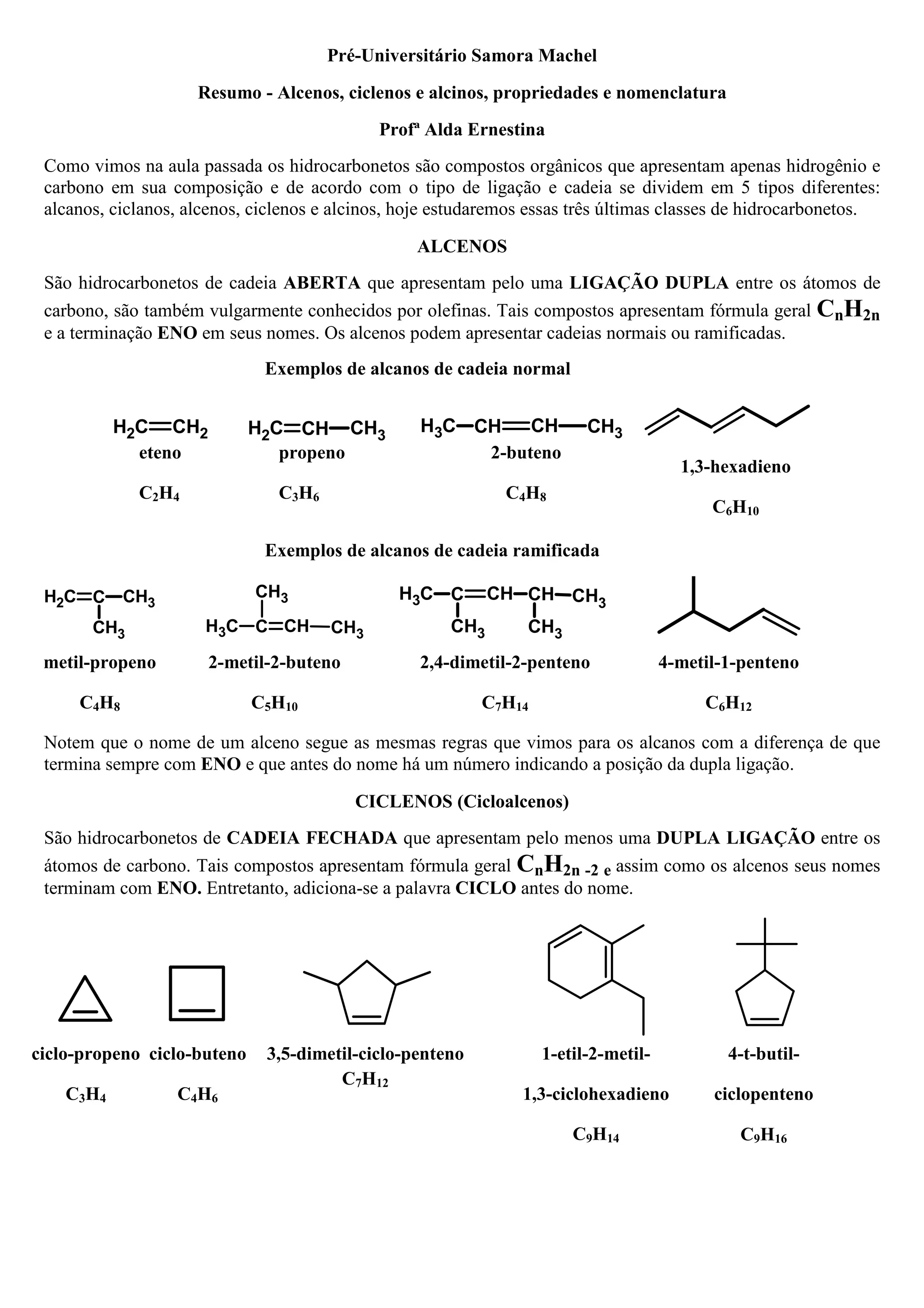 Resumo hidrocarbonetos - alcenos, ciclenos e alcinos, propriedades e ...