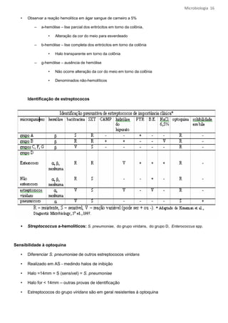 Microbiologia 16

   •   Observar a reação hemolítica em ágar sangue de carneiro a 5%

          –   a-hemólise – lise parcial dos eritrócitos em torno da colônia,

                  •   Alteração da cor do meio para esverdeado

          –   b-hemólise – lise completa dos eritrócitos em torno da colônia

                  •   Halo transparente em torno da colônia

          –   g-hemólise – ausência de hemólise

                  •   Não ocorre alteração da cor do meio em torno da colônia

                  •   Denominados não-hemolíticos



       Identificação de estreptococos




       Streptococcus a-hemolíticos: S. pneumoniae, do grupo viridans, do grupo D, Enterococcus spp.



Sensibilidade à optoquina

   •   Diferenciar S. pneumoniae de outros estreptococos viridans

   •   Realizado em AS - medindo halos de inibição

   •   Halo =14mm = S (sensível) = S. pneumoniae

   •   Halo for < 14mm – outras provas de identificação

   •   Estreptococos do grupo viridans são em geral resistentes à optoquina
 