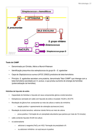 Microbiologia 17




Teste de CAMP

   •   Denominada por Christie, Atkins e Munch-Petersen

   •   Identificação presuntiva dos estreptococos do grupo B – S. agalactiae

   •   Cepa de Staphylococcus aureus (ATCC 25923) produtora de beta-hemolisina

   •   Princípio: S. agalactiae secretam uma proteína, denominada "fator CAMP" que interage com a
       beta-hemolisina secretada por S. aureus, o que produz aumento de sinergia da hemólise
       (potencialização da hemólise).



Hidrólise de hipurato de sódio

   •   Capacidade de hidrolisar o hipurato em seus componentes glicina e ácido benzóico

   •   Estreptococo semeado em caldo com hipurato de sódio e incubado 18-24h a 35-37°
                                                                                    C

   •   Revelação de glicina livre: acrescentar ao meio de cultura o reativo da ninhidrina

           –   reação positiva = aparecimento de coloração azul-escura (roxo)

   •   Revelação do ácido benzóico: adicionar cloreto férrico ao meio de cultura

           –   prova positiva = formação de um precipitado abundante (que perdura por mais de 10 minutos)

   •   caldo contendo hipurato;18-24h de cultura

   •   no sobrenadante

           –   adicionar o reagente (FeCl3 em HCl) ² formação de precipitado é Å

           –   ou adicionar ninhidrina cor azul escuro é positivo
 