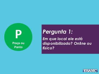 PPraça ou
Ponto
Pergunta 1:
Em que local ele está
disponibilizado? Online ou
físico?
 