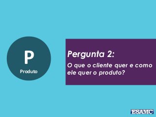 PProduto
Pergunta 2:
O que o cliente quer e como
ele quer o produto?
 
