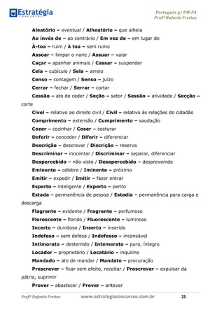 Português p/ PM-PA
Profª Rafaela Freitas
Profª Rafaela Freitas www.estrategiaconcursos.com.br 25
Aleatório – eventual / Alheatório – que alheia
Ao invés de – ao contrário / Em vez de – em lugar de
À-toa – ruim / à toa – sem rumo
Assoar – limpar o nariz / Assuar – vaiar
Caçar – apanhar animais / Cassar – suspender
Cela – cubículo / Sela – arreio
Censo – contagem / Senso – juízo
Cerrar – fechar / Serrar – cortar
Cessão – ato de ceder / Seção – setor / Sessão – atividade / Secção –
corte
Cível – relativo ao direito civil / Civil – relativo às relações do cidadão
Comprimento – extensão / Cumprimento – saudação
Cozer – cozinhar / Coser – costurar
Deferir – conceder / Diferir – diferenciar
Descrição – descrever / Discrição – reserva
Descriminar – inocentar / Discriminar – separar, diferenciar
Despercebido – não visto / Desapercebido – desprevenido
Eminente – célebre / Iminente – próximo
Emitir – expedir / Imitir – fazer entrar
Esperto – inteligente / Experto – perito
Estada – permanência de pessoa / Estadia – permanência para carga e
descarga
Flagrante – evidente / Fragrante – perfumoso
Florescente – florido / Fluorescente – luminoso
Incerto – duvidoso / Inserto – inserido
Indefeso – sem defesa / Indefesso – incansável
Intimorato – destemido / Intemerato – puro, íntegro
Locador – proprietário / Locatário – inquilino
Mandado – ato de mandar / Mandato – procuração
Prescrever – ficar sem efeito, receitar / Proscrever – expulsar da
pátria, suprimir
Prover – abastecer / Prever – antever
 