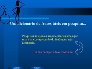 Um dicionário de frases úteis em pesquisa... Eu não compreendo o fenômeno. Pesquisas adicionais são necessárias antes que uma clara compreensão do fenômeno seja alcançada. 