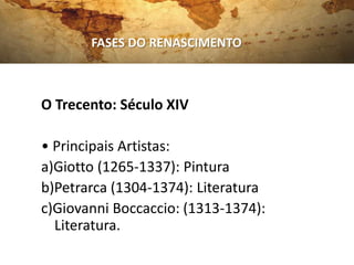 FASES DO RENASCIMENTO



O Trecento: Século XIV

• Principais Artistas:
a)Giotto (1265-1337): Pintura
b)Petrarca (1304-1374): Literatura
c)Giovanni Boccaccio: (1313-1374):
  Literatura.
 