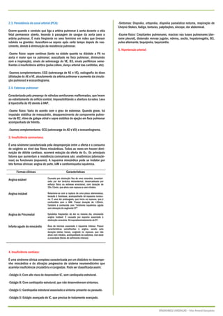 2.3. Persistência do canal arterial (PCA):                                                 -Sintomas: Dispnéia, ortopnéia, dispnéia paroxística noturna, respiração de
                                                                                           Cheyne-Stokes, fadiga, tonturas, palpitações, síncope, dor abdominal.
Ocorre quando o conduto que liga a artéria pulmonar à aorta durante a vida
fetal permanece aberto, levando à passagem de sangue da aorta para a                       -Exame físico: Crepitantes pulmonares, macicez nas bases pulmonares (der-
artéria pulmonar. É mais freqüente no sexo feminino em mães que tiveram                    rame pleural), distensão venosa jugular, edema, ascite, hepatomegalia, B3,
rubéola na gravidez. Auscultam-se sopros após certo tempo depois do nas-                   pulso alternante, taquipnéia, taquicardia.
cimento, devido à diminuição da resistência pulmonar.
                                                                                           5. Hipertensão arterial:
-Exame físico: sopro contínuo (tanto na sístole quanto na diástole a PA na
aorta é maior que na pulmonar; auscultado no foco pulmonar, diminuindo
com a inspiração), sinais de sobrecarga do VE, B3, sinais periféricos seme-
lhantes à insuficiência aórtica (pulso célere, dança arterial das carótidas, etc).

-Exames complementares: ECG (sobrecarga de AE e VE), radiografia do tórax
(dilatação do AE e VE, abaulamento da artéria pulmonar e aumento da circula-
ção pulmonar) e ecocardiograma.

2.4. Estenose pulmonar:

Caracterizada pela presença de válvulas semilunares malformadas, que levam
ao estreitamento do orifício central, impossibilitando a abertura da valva. Leva
à hipertrofia do VD devido à HAP.

-Exame físico: Varia de acordo com o grau de estenose. Quando grave, há
impulsão sistólica de mesocárdio, desaparecimento do componente pulmo-
nar de B2, ritmo de galope atrial e sopro sistólico de ejeção em foco pulmonar
acompanhado de frêmito.

-Exames complementares: ECG (sobrecarga de AD e VD) e ecocardiograma.

3. Insuficiência coronariana:

É uma síndrome caracterizada pela desproporção entre a oferta e o consumo
de oxigênio ao nível das fibras miocárdicas. Todas as vezes em houver dimi-
nuição do débito cardíaco, ocorrerá redução da oferta de O 2. Os principais
fatores que aumentam a resistência coronariana são: anatômicos (ateroscle-
rose) ou funcionais (espasmo). A isquemia miocárdica pode se instalar por
três formas clínicas: angina do peito, IAM e cardiomiopatia isquêmica.

      Formas clínicas                              Características
                                 Causada por obstrução fixa de uma coronária, caracteri-
Angina estável                   zada por dor torácica retroesternal, desencadeada por
                                 esforço físico ou estresse emocional, com duração de
                                 30s-15min, que alivia com repouso e com nitratos.

Angina instável                  Relaciona-se com a ruptura de uma placa ateromatosa,
                                 levando à trombose, acompanhada de espasmo corona-
                                 rio. É uma dor prolongada, que inicia no repouso, que é
                                 confundida com o IAM. Possui duração de >20min.
                                 Também é conhecida com “síndrome isquêmica aguda
                                 sem elevação do segmento ST”.

Angina de Prinzmetal             Episódios freqüentes de dor no mesmo dia, simulando
                                 angina instável. É causada por espamo associado à
                                 obstrução coronária. Há supradesnivelamento de ST.

Infarto agudo do miocárdio       Área de necrose associada à isquemia intensa. Possui
                                 características semelhantes à angina, exceto pela
                                 duração (várias horas), surgindo no repouso, que não
                                 alivia com nitratos, acompanhado de sudorese, mal-estar
                                 e ansiedade (fácies de sofrimento intenso).




4. Insuficiência cardíaca:

É uma síndrome clínica complexa caracterizada por um distúrbio no desempe-
nho miocárdico e da ativação progressiva do sistema neuroendócrino que
acarreta insuficiência circulatória e congestão. Pode ser classificada assim:

-Estágio A: Com alto risco de desenvolver IC, sem cardiopatia estrutural.

-Estágio B: Com cardiopatia estrutural, que não desenvolveram sintomas.

-Estágio C: Cardiopatia estrutural associado a sintoma presente ou passado.

-Estágio D: Estágio avançado de IC, que precisa de tratamento avançado.


                                                                                                                          SÍNDROMES CARDÍACAS – Vitor Amaral Gonçalves
 
