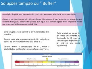 Soluções tampão ou “ Buffer”
Uma solução neutra (com H+ e OH- balanceados) tem
um pH = 7
Quanto mais alta a concentração de H+, mais alta a
acidez e o pH oscilará em uma faixa entre 0-7.
Quanto menor a concentração de H+ , maior a
alcalinidade e o pH oscilará em uma faixa entre 7 e 14.
Cada unidade na escala de
pH indica um aumento ou
diminuição de 10 vezes na
concentração de prótons (o
pH está em uma escala
logarítmica)
A medição do pH é uma forma simples que indica a concentração de H+ em uma solução.
Conhecer os conceitos de pH, ácidos e bases é fundamental para entender as interações em
sistemas biológicos, lembrando que são 80% agua e as concentrações de H+ impactam muito
nos processos biológicos essenciais à vida.
 
