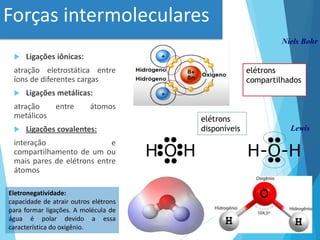 Forças intermoleculares
 Ligações iônicas:
atração eletrostática entre
íons de diferentes cargas
 Ligações metálicas:
atração entre átomos
metálicos
 Ligações covalentes:
interação e
compartilhamento de um ou
mais pares de elétrons entre
átomos
Niels Bohr
Lewis
elétrons
disponíveis
elétrons
compartilhados
Eletronegatividade:
capacidade de atrair outros elétrons
para formar ligações. A molécula de
água é polar devido a essa
característica do oxigênio.
 