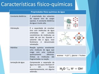 Características físico-químicas
Propriedades físico-químicas da água
Constante dielétrica É propriedade dos solventes
de separar íons de cargas
opostas. A constante dielétrica
da água é muito alta.
Hidratação É a capacidade de envolver
íons com moléculas de água
orientadas em camadas
concêntricas de moléculas ao
redor de um íon. Quando o
solvente não é água, esse
fenômeno é denominado
solvatação.
Hidrólise Reação química envolvendo
uma molécula de água que
reage com uma molécula
quimicamente diferente.
Ambas as moléculas são
fragmentadas na reação.
Ionização de água Compreende a separação da
água nos íons que a formam H+
e OH-. Ocorre
espontaneamente, em alguma
extensão.
 