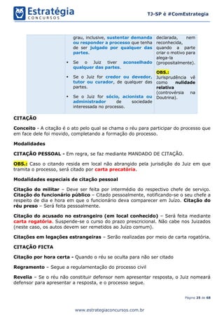 Página 25 de 68
TJ-SP é #ComEstrategia
www.estrategiaconcursos.com.br
grau, inclusive, sustentar demanda
ou responder a processo que tenha
de ser julgado por qualquer das
partes.
▪ Se o Juiz tiver aconselhado
qualquer das partes.
▪ Se o Juiz for credor ou devedor,
tutor ou curador, de qualquer das
partes.
▪ Se o Juiz for sócio, acionista ou
administrador de sociedade
interessada no processo.
declarada, nem
reconhecida,
quando a parte
criar o motivo para
alega-la
(propositalmente).
OBS.:
Jurisprudência vê
como nulidade
relativa
(controvérsia na
Doutrina).
CITAÇÃO
Conceito - A citação é o ato pelo qual se chama o réu para participar do processo que
em face dele foi movido, completando a formação do processo.
Modalidades
CITAÇÃO PESSOAL - Em regra, se faz mediante MANDADO DE CITAÇÃO.
OBS.: Caso o citando resida em local não abrangido pela jurisdição do Juiz em que
tramita o processo, será citado por carta precatória.
Modalidades especiais de citação pessoal
Citação do militar – Deve ser feita por intermédio do respectivo chefe de serviço.
Citação do funcionário público – Citado pessoalmente, notificando-se o seu chefe a
respeito de dia e hora em que o funcionário deva comparecer em Juízo. Citação do
réu preso – Será feita pessoalmente.
Citação do acusado no estrangeiro (em local conhecido) – Será feita mediante
carta rogatória. Suspende-se o curso do prazo prescricional. Não cabe nos Juizados
(neste caso, os autos devem ser remetidos ao Juízo comum).
Citações em legações estrangeiras – Serão realizadas por meio de carta rogatória.
CITAÇÃO FICTA
Citação por hora certa - Quando o réu se oculta para não ser citado
Regramento – Segue a regulamentação do processo civil
Revelia – Se o réu não constituir defensor nem apresentar resposta, o Juiz nomeará
defensor para apresentar a resposta, e o processo segue.
 