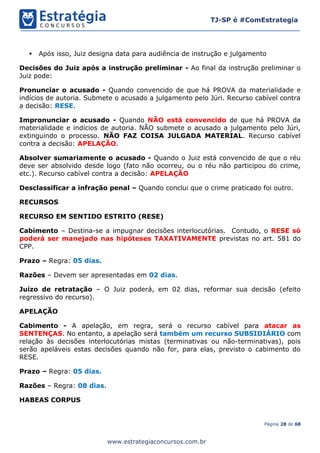 Página 28 de 68
TJ-SP é #ComEstrategia
www.estrategiaconcursos.com.br
▪ Após isso, Juiz designa data para audiência de instrução e julgamento
Decisões do Juiz após a instrução preliminar - Ao final da instrução preliminar o
Juiz pode:
Pronunciar o acusado - Quando convencido de que há PROVA da materialidade e
indícios de autoria. Submete o acusado a julgamento pelo Júri. Recurso cabível contra
a decisão: RESE.
Impronunciar o acusado - Quando NÃO está convencido de que há PROVA da
materialidade e indícios de autoria. NÃO submete o acusado a julgamento pelo Júri,
extinguindo o processo. NÃO FAZ COISA JULGADA MATERIAL. Recurso cabível
contra a decisão: APELAÇÃO.
Absolver sumariamente o acusado - Quando o Juiz está convencido de que o réu
deve ser absolvido desde logo (fato não ocorreu, ou o réu não participou do crime,
etc.). Recurso cabível contra a decisão: APELAÇÃO
Desclassificar a infração penal – Quando conclui que o crime praticado foi outro.
RECURSOS
RECURSO EM SENTIDO ESTRITO (RESE)
Cabimento – Destina-se a impugnar decisões interlocutórias. Contudo, o RESE só
poderá ser manejado nas hipóteses TAXATIVAMENTE previstas no art. 581 do
CPP.
Prazo – Regra: 05 dias.
Razões – Devem ser apresentadas em 02 dias.
Juízo de retratação – O Juiz poderá, em 02 dias, reformar sua decisão (efeito
regressivo do recurso).
APELAÇÃO
Cabimento - A apelação, em regra, será o recurso cabível para atacar as
SENTENÇAS. No entanto, a apelação será também um recurso SUBSIDIÁRIO com
relação às decisões interlocutórias mistas (terminativas ou não-terminativas), pois
serão apeláveis estas decisões quando não for, para elas, previsto o cabimento do
RESE.
Prazo – Regra: 05 dias.
Razões – Regra: 08 dias.
HABEAS CORPUS
 