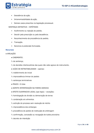 Página 36 de 68
TJ-SP é #ComEstrategia
www.estrategiaconcursos.com.br
▪ Desistência da ação.
▪ Intransmissibilidade da ação.
▪ Demais casos prescritos na legislação processual.
SENTENÇA DEFINITIVA - HIPÓTESES
▪ Acolhimento ou rejeição do pedido.
▪ Decidir pela prescrição ou pela decadência.
▪ Reconhecimento da procedência do pedido.
▪ Transação.
▪ Renúncia à pretensão formulada.
Recursos
● APELAÇÃO
● CABIMENTO:
 de sentença;
 de decisões interlocutórias das quais não cabe agravo de instrumento.
● JUÍZO DE RETRATABILIDADE – apenas:
 indeferimento de inicial
 improcedência liminar do pedido
 sentenças terminativas
● PRAZO: 15 dias
● ADMITE INTERPOSIÇÃO NA FORMA ADESIVA
● EFEITO SUSPENSIVO LEGAL (ope legis) – exceções:
 homologação de divisão ou demarcação de terras
 condenação em alimentos
 extinção do processo sem resolução de mérito
 improcedência dos embargos
 procedência de pedido de instituição de arbitragem
 confirmação, concessão ou revogação de tutela provisória
 decreto de interdição
 