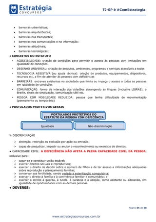 Página 56 de 68
TJ-SP é #ComEstrategia
www.estrategiaconcursos.com.br
• barreiras urbanísticas;
• barreiras arquitetônicas;
• barreiras nos transportes;
• barreiras nas comunicações e na informação;
• barreiras atitudinais;
• barreiras tecnológicas;
● CONCEITOS DO ESTATUTO
• ACESSIBILIDADE: criação de condições para permitir o acesso às pessoas com limitações em
igualdade de condições
• DESENHO UNIVERSAL: criação de produtos, ambientes, programas e serviços acessíveis a todos
• TECNOLOGIA ASSISTIVA (ou ajuda técnica): criação de produtos, equipamentos, dispositivos,
recursos etc. a fim de atender às pessoas com deficiências
• BARREIRAS: entraves existentes na sociedade que limite ou impeça o acesso a todas as pessoas
em igualdade de condições
• COMUNICAÇÃO: forma de interação dos cidadãos abrangendo as línguas (inclusive LIBRAS), o
Braille, sinais de sinalização, comunicação tátil etc.
• PESSOA COM MOBILIDADE REDUZIDA: pessoa que tenha dificuldade de movimentação
(permanente ou temporária)
● POSTULADOS PROTETIVOS GERAIS
 DISCRIMINAÇÃO
➢ distinção, restrição ou exclusão por ação ou omissão;
➢ capaz de prejudicar, impedir ou anular o reconhecimento ou exercício de direitos.
● CAPACIDADE CIVIL: A DEFICIÊNCIA NÃO AFETA A PLENA CAPACIDADE CIVIL DA PESSOA,
inclusive para:
➢ casar-se e constituir união estável;
➢ exercer direitos sexuais e reprodutivos;
➢ exercer o direito de decidir sobre o número de filhos e de ter acesso a informações adequadas
sobre reprodução e planejamento familiar;
➢ conservar sua fertilidade, sendo vedada a esterilização compulsória;
➢ exercer o direito à família e à convivência familiar e comunitária; e
➢ exercer o direito à guarda, à tutela, à curatela e à adoção, como adotante ou adotando, em
igualdade de oportunidades com as demais pessoas.
● DEVERES:
PORTULADOS PROTETIVOS DO
ESTATUTO DA PESSOA COM DEFICÊNCIA
Igualdade Não-discriminação
 