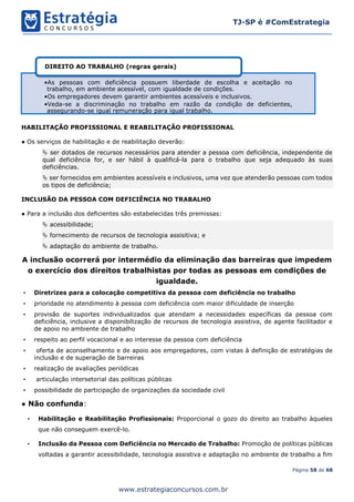 Página 58 de 68
TJ-SP é #ComEstrategia
www.estrategiaconcursos.com.br
HABILITAÇÃO PROFISSIONAL E REABILITAÇÃO PROFISSIONAL
● Os serviços de habilitação e de reabilitação deverão:
 ser dotados de recursos necessários para atender a pessoa com deficiência, independente de
qual deficiência for, e ser hábil à qualificá-la para o trabalho que seja adequado às suas
deficiências.
 ser fornecidos em ambientes acessíveis e inclusivos, uma vez que atenderão pessoas com todos
os tipos de deficiência;
INCLUSÃO DA PESSOA COM DEFICIÊNCIA NO TRABALHO
● Para a inclusão dos deficientes são estabelecidas três premissas:
 acessibilidade;
 fornecimento de recursos de tecnologia assisitiva; e
 adaptação do ambiente de trabalho.
A inclusão ocorrerá por intermédio da eliminação das barreiras que impedem
o exercício dos direitos trabalhistas por todas as pessoas em condições de
igualdade.
• Diretrizes para a colocação competitiva da pessoa com deficiência no trabalho
• prioridade no atendimento à pessoa com deficiência com maior dificuldade de inserção
• provisão de suportes individualizados que atendam a necessidades específicas da pessoa com
deficiência, inclusive a disponibilização de recursos de tecnologia assistiva, de agente facilitador e
de apoio no ambiente de trabalho
• respeito ao perfil vocacional e ao interesse da pessoa com deficiência
• oferta de aconselhamento e de apoio aos empregadores, com vistas à definição de estratégias de
inclusão e de superação de barreiras
• realização de avaliações periódicas
• articulação intersetorial das políticas públicas
• possibilidade de participação de organizações da sociedade civil
● Não confunda:
• Habilitação e Reabilitação Profissionais: Proporcional o gozo do direito ao trabalho àqueles
que não conseguem exercê-lo.
• Inclusão da Pessoa com Deficiência no Mercado de Trabalho: Promoção de políticas públicas
voltadas a garantir acessibilidade, tecnologia assistiva e adaptação no ambiente de trabalho a fim
•As pessoas com deficiência possuem liberdade de escolha e aceitação no
trabalho, em ambiente acessível, com igualdade de condições.
•Os empregadores devem garantir ambientes acessíveis e inclusivos.
•Veda-se a discriminação no trabalho em razão da condição de deficientes,
assegurando-se igual remuneração para igual trabalho.
DIREITO AO TRABALHO (regras gerais)
 