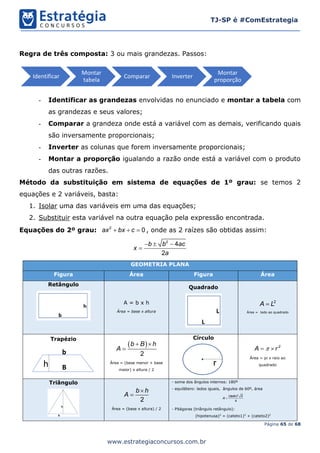 Página 65 de 68
TJ-SP é #ComEstrategia
www.estrategiaconcursos.com.br
Regra de três composta: 3 ou mais grandezas. Passos:
- Identificar as grandezas envolvidas no enunciado e montar a tabela com
as grandezas e seus valores;
- Comparar a grandeza onde está a variável com as demais, verificando quais
são inversamente proporcionais;
- Inverter as colunas que forem inversamente proporcionais;
- Montar a proporção igualando a razão onde está a variável com o produto
das outras razões.
Método da substituição em sistema de equações de 1º grau: se temos 2
equações e 2 variáveis, basta:
1. Isolar uma das variáveis em uma das equações;
2. Substituir esta variável na outra equação pela expressão encontrada.
Equações do 2º grau: 2
0ax bx c   , onde as 2 raízes são obtidas assim:
2
4
2
b b ac
x
a
  

GEOMETRIA PLANA
Figura Área Figura Área
Retângulo
A = b x h
Área = base x altura
Quadrado
2
A L
Área = lado ao quadrado
Trapézio
 
2
b B h
A
 

Área = (base menor + base
maior) x altura / 2
Círculo
2
A r 
Área = pi x raio ao
quadrado
Triângulo
2
b h
A


Área = (base x altura) / 2
- soma dos ângulos internos: 180º
- equilátero: lados iguais, ângulos de 60º, área

2
( ) 3
4
lado
A
- Pitágoras (triângulo retângulo):
(hipotenusa)2
= (cateto1)2
+ (cateto2)2
Identificar
Montar
tabela
Comparar Inverter
Montar
proporção
B
b
h r
 