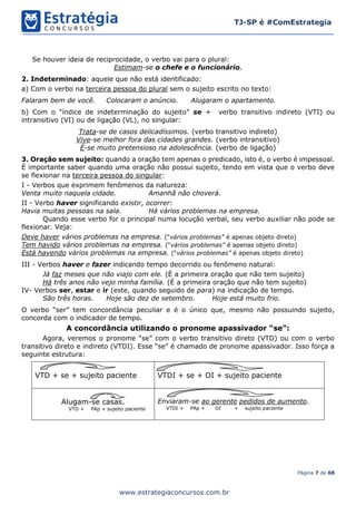 Página 7 de 68
TJ-SP é #ComEstrategia
www.estrategiaconcursos.com.br
Se houver ideia de reciprocidade, o verbo vai para o plural:
Estimam-se o chefe e o funcionário.
2. Indeterminado: aquele que não está identificado:
a) Com o verbo na terceira pessoa do plural sem o sujeito escrito no texto:
Falaram bem de você. Colocaram o anúncio. Alugaram o apartamento.
b) Com o “índice de indeterminação do sujeito” se + verbo transitivo indireto (VTI) ou
intransitivo (VI) ou de ligação (VL), no singular:
Trata-se de casos delicadíssimos. (verbo transitivo indireto)
Vive-se melhor fora das cidades grandes. (verbo intransitivo)
É-se muito pretensioso na adolescência. (verbo de ligação)
3. Oração sem sujeito: quando a oração tem apenas o predicado, isto é, o verbo é impessoal.
É importante saber quando uma oração não possui sujeito, tendo em vista que o verbo deve
se flexionar na terceira pessoa do singular:
I - Verbos que exprimem fenômenos da natureza:
Venta muito naquela cidade. Amanhã não choverá.
II - Verbo haver significando existir, ocorrer:
Havia muitas pessoas na sala. Há vários problemas na empresa.
Quando esse verbo for o principal numa locução verbal, seu verbo auxiliar não pode se
flexionar. Veja:
Deve haver vários problemas na empresa. (“vários problemas” é apenas objeto direto)
Tem havido vários problemas na empresa. (“vários problemas” é apenas objeto direto)
Está havendo vários problemas na empresa. (“vários problemas” é apenas objeto direto)
III - Verbos haver e fazer indicando tempo decorrido ou fenômeno natural:
Já faz meses que não viajo com ele. (É a primeira oração que não tem sujeito)
Há três anos não vejo minha família. (É a primeira oração que não tem sujeito)
IV- Verbos ser, estar e ir (este, quando seguido de para) na indicação de tempo.
São três horas. Hoje são dez de setembro. Hoje está muito frio.
O verbo “ser” tem concordância peculiar e é o único que, mesmo não possuindo sujeito,
concorda com o indicador de tempo.
A concordância utilizando o pronome apassivador “se”:
Agora, veremos o pronome “se” com o verbo transitivo direto (VTD) ou com o verbo
transitivo direto e indireto (VTDI). Esse “se” é chamado de pronome apassivador. Isso força a
seguinte estrutura:
VTD + se + sujeito paciente VTDI + se + OI + sujeito paciente
Alugam-se casas.
VTD + PAp + sujeito paciente
Enviaram-se ao gerente pedidos de aumento.
VTDI + PAp + OI + sujeito paciente
 