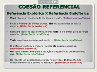 Referência Exofórica X Referência Endofórica <ul><li>Você  não se arrependerá de ter lido este texto.  (Referência exofóri...