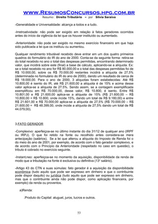 www.ResumosConcursos.hpg.com.br
                   Resumo: Direito Tributário      – por      Silvia Saraiva

-Generalidade e Universalidade: alcança a todos e a tudo.

-Irretroatividade: não pode ser exigido em relação à fatos geradores ocorridos
antes do início da vigência da lei que os houver instituído ou aumentado.

-Anterioridade: não pode ser exigido no mesmo exercício financeiro em que haja
sido publicada a lei que os instituiu ou aumentou.

Qualquer rendimento tributável recebido deve entrar em um dos quatro primeiros
quadros do formulário do IR do ano de 2000. Conta-se da seguinte forma: retira-se
do total recebido no ano o total das despesas permitidas, encontrando determinado
valor, que incidirá sobre este (final) a base de cálculo, aplicando-se a alíquota. Ex:
se o total recebido no ano for R$ 80.000,00 e o total das despesas permitidas foi de
R$ 10.000,00, sobre os R$ 70.000,00 restantes incidirá a alíquota de 27,5%
(determinada no formulário do IR do ano de 2000), dando um resultado de cerca de
R$ 18.000,00. Para o ano de 2000, 3 alíquotas foram estabelecidas: Até R$
10.800,00 é isento do IR, até R$ 21.600,00 a alíquota é de 15% e acima desse
valor aplica-se a alíquota de 27.5%. Sendo assim, se a contagem exemplificada
exemplificou em R$ 70.000,00, desse valor, R$ 10.800, é isento. Entre R$
10.801,00 e R$ 21.600,00 aplica-se a alíquota de 15% (R$ 21.600,00 – R$
10.800,00 = R$ 10.800, onde incide 15%, dando um total de R$ 9.180,00) e entre
R$ 21.601,00 e R$ 70.000,00 aplica-se a alíquota de 27,5% (R$ 70.000,00 – R$
21.600,00 = R$ 48.399,00, onde incide a alíquota de 27,5% dando um total de R$
44.079,00).



3.FATO GERADOR

-Complexivo: aperfeiçoa-se no último instante do dia 31/12 de qualquer ano (IRPF
ou IRPJ). O que foi retido na fonte ou recolhido antes considera-se mera
antecipação (salários). Se a lei que alterou a alíquota do Imposto de Renda foi o
do meio do ano de 2001, por exemplo, de acordo com o fato gerador complexivo, e
de acordo com o Princípio da Anterioridade (respeitado no caso em questão), o
tributo é cobrado no exercício seguinte.

-Instantâneo: aperfeiçoa-se no momento da aquisição, disponibilidade da renda de
modo que a tributação na fonte é exclusiva ou definitiva (13o salário).

-Artigo 43 do CTN e suas súmulas: fato gerador é a aquisição da disponibilidade
econômica (tudo aquilo que pode ser expresso em dinheiro e que o contribuinte
pode dispor daquilo) ou jurídica (tudo aquilo que pode ser expresso em dinheiro,
mas que o contribuinte ainda não pode dispor, como aplicação financeira, por
exemplo) da renda ou proventos.

   a)Renda:

      .Produto do Capital: aluguel, juros, lucros e outros.



                                             53
 